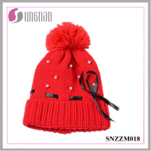 Warm Sweet Girls Pearl Bow Knit Hat Fur Ball Ribbon Wool Cap